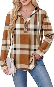 Close-up of V-neck buttons and drawstring detail on brown plaid long sleeve hoodie