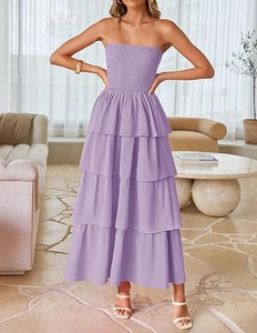 Detail of lavender strapless tiered maxi dress with elastic smocked bodice and ruffles