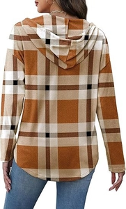 Back view of women's plaid hooded sweatshirt featuring round hem and orange checkered pattern