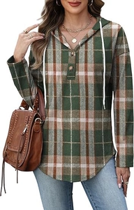 Detailed close-up of V-neck buttons and green plaid pattern on this hooded long sleeve shirt