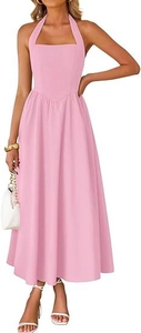 Detail of light pink halter neck dress with high waist pleats and side pockets