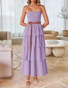 Macro detail of lavender tiered maxi dress featuring a smocked bodice and woven belt