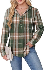 Detail view of V-neck button closure and drawstring hood on green plaid pullover hoodie