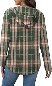 Rear view of a plaid long-sleeved hooded sweatshirt with green and white check pattern