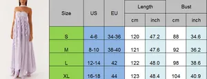 Detailed size chart for backless chiffon maxi dress with US and EU measurements