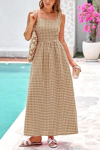 Detail of square neck and khaki plaid pattern on this French style maxi dress
