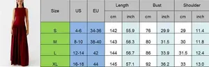 Detailed size chart for women's sleeveless dress with measurements in cm and inches