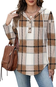 Detail of V-neck button hoodie with brown plaid pattern and drawstring features