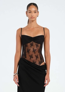 Detailed close-up of a black lace bodysuit with floral embroidery and mesh texture