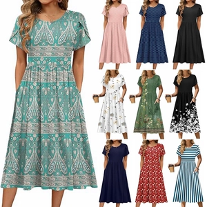 Women Summer Petal Sleeve Midi Dress Casual Round Neck A-Line Printed Floral Polka Dot Bohemian Dress With Pockets