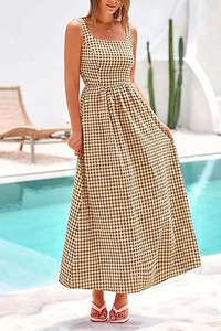 Detail of square neck gingham maxi dress with ruched waist and thin straps for summer