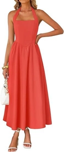 Detail of coral orange halter neck maxi dress with cinched high waist and flowing skirt
