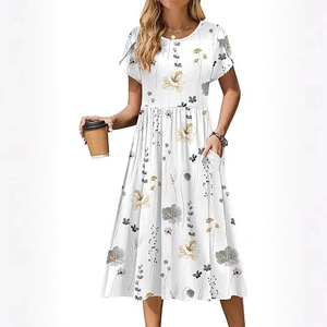 Women's white floral midi dress with crew neck, petal sleeves and side pockets