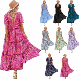 Women Casual Short Puff Sleeve Tiered Maxi Dress Bohemian Floral Plaid Ruffle Round Neck Summer Vacation Flowy Long Dress