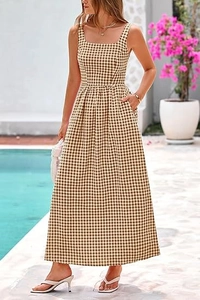 Close-up detail of gingham plaid maxi dress with square neck and side pockets