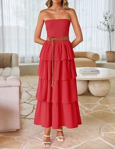 Detail of red tiered maxi dress with smocked bodice and slim brown braided belt