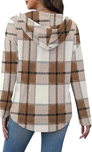 Back view of a hooded plaid sweatshirt featuring a curved hem and drop shoulder design