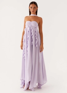 Detail of lavender chiffon maxi dress featuring delicate ruffles and an elegant neck tie
