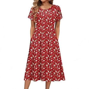 Floral print midi dress in red featuring petal sleeves, round neck, and side pockets