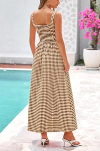 Detail of square neck gingham maxi dress with elastic smocking at the back