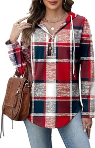Detail of V-neck hooded plaid sweatshirt with wood buttons and red-blue check pattern