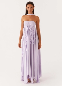 Detail of lavender chiffon long dress featuring multi-layered ruffles and halter neckline