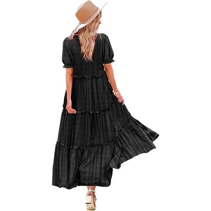 Women's plaid maxi dress with tiered skirt and puff sleeves in a stylish back view