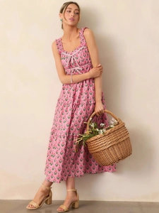 French Floral Pink Maxi Dress With Tiered Cake Skirt Bow Ties Smocked Square Neck Sleeveless Vacation Beach Long Dress For Women