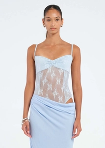 Detail of light blue lace patchwork bodice and delicate spaghetti straps on the dress