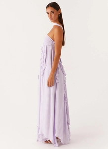Detail view of light purple halter neck maxi dress with elegant layered chiffon ruffles