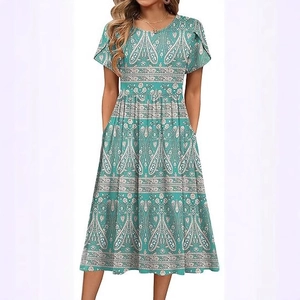 Women's mint green paisley print midi dress with round neck and petal short sleeves