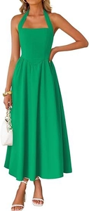 Detail showing the pleated high waist and side pockets of the emerald green halter maxi dress