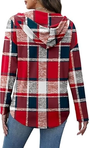 Rear view of long sleeve hooded plaid sweatshirt featuring classic red and blue checks