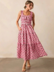 Elegant floral print maxi dress with ruffles and drawstring waist for summer vacation