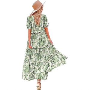 Women's green floral tiered maxi dress with puff sleeves and casual summer A-line style