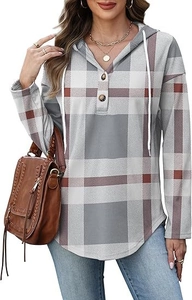 Detail of V-neck buttons and white drawstring on a plaid hooded sweatshirt for women