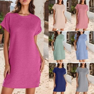 Abito Midi da Donna Casual a Maniche Corte con Girocollo e Tasche Tinta Unita in Tessuto a Nido d'Ape Testurizzato Vestito da Spiaggia Largo