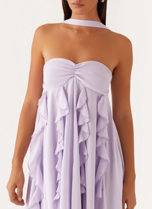 Detail of lilac chiffon dress with ruffled layers and matching choker for party wear