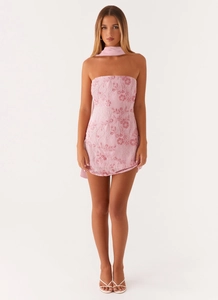 Pink strapless mini dress with 3D floral embroidery, sequins and matching neck strap
