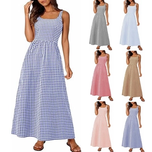 Women Casual Gingham Maxi Dress Square Neck Sleeveless Cotton Blend Shirred A-Line Summer Vacation Beach Party Long Dress