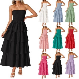 Damen Trägerlos Stufenkleid Gesmokt Maxi Kleid Sommer Polyester Einfarbig Volant Boho Urlaub Ärmellos Elegant Langes Kleid
