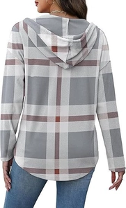 Rear view of long sleeve plaid hoodie featuring a curved hem and soft knit texture