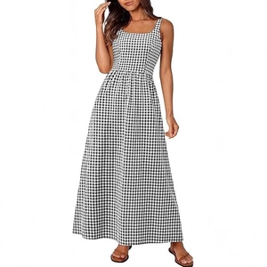 Women's black and white gingham maxi dress with thin straps and square neck