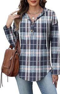 Detail showing V-neck button closure and drawstring hood on plaid long sleeve hoodie