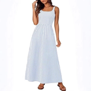Blue and white plaid maxi dress for women featuring a square neck and sleeveless A-line cut