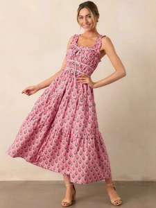 Elegant French floral print long maxi dress with tiered skirt and bow tie straps for vacation
