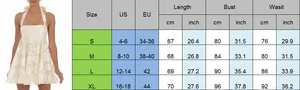 Size chart for backless mini dress with US and EU conversions and measurements