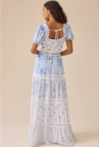 Detail of puff sleeves and lace stitching on a floral print maxi dress for women