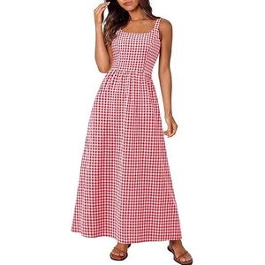 Red and white gingham maxi dress with square neck and spaghetti straps for summer style