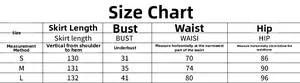 Detailed size guide table with measurements for the bodycon sling dress in sizes S, M, L